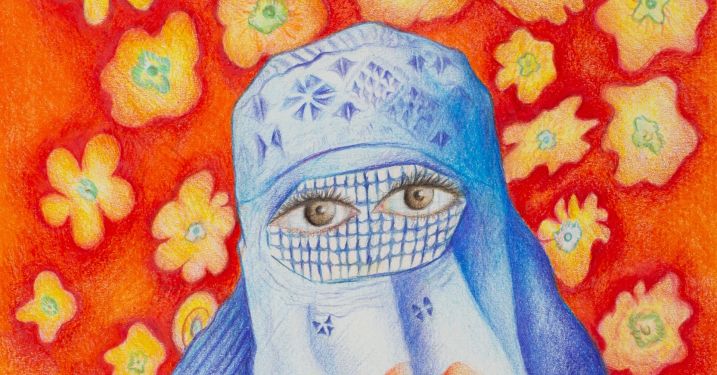 Hopeful Eyes detail, art by Elja Sharifi: Woman in burqu against red background