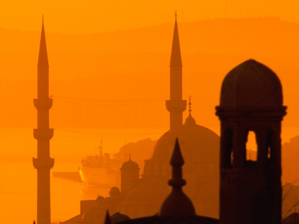 A mosque in the orange haze of a sunset