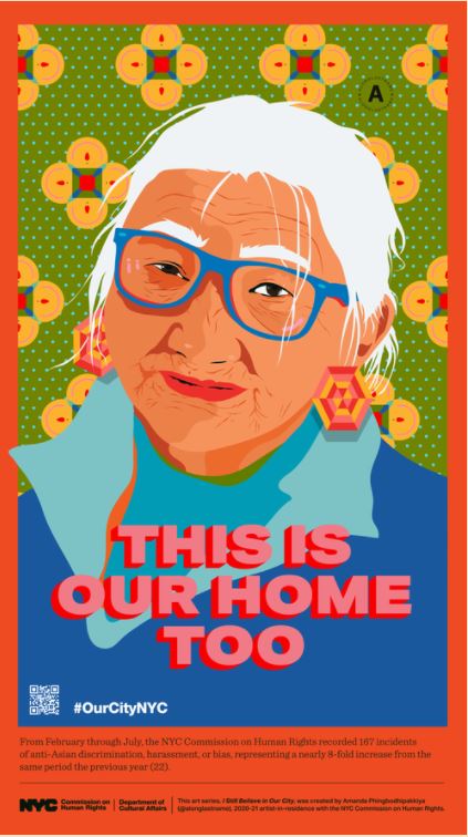A poster of an elderly Asian woman facing the viewer states This is our home too