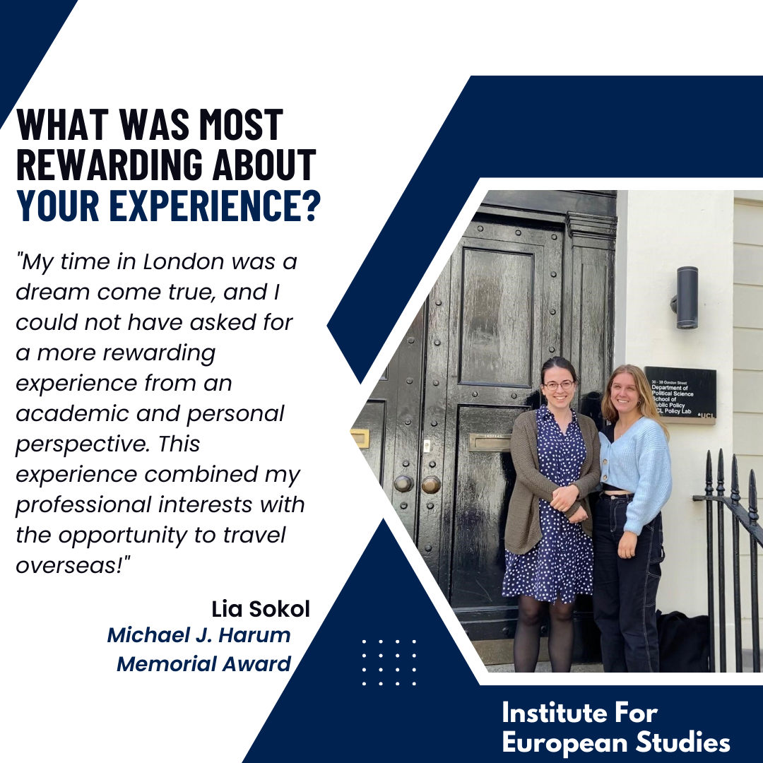 Lia Sokol describes her experience in London in a photo posing with one of her professors.