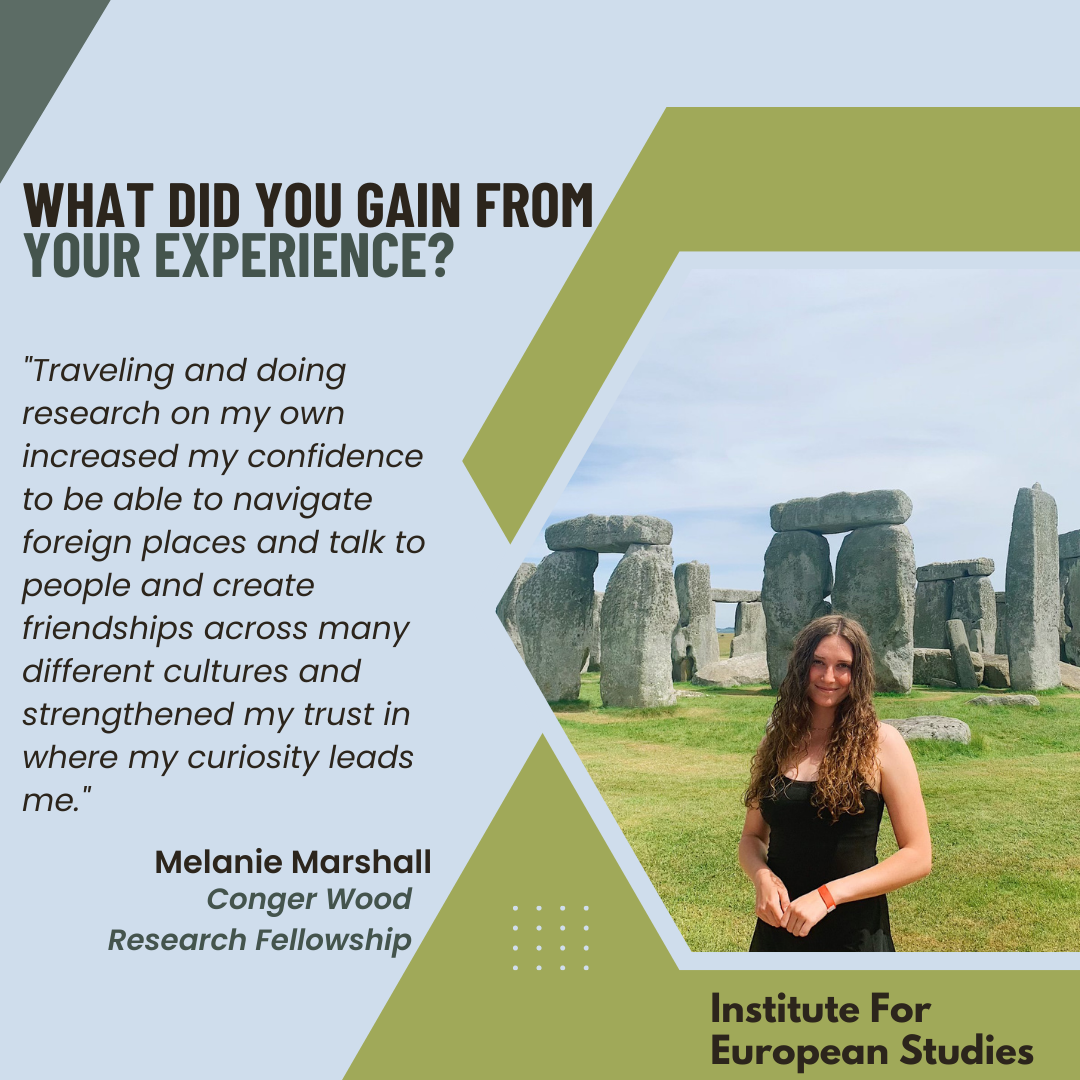 Melanie Marshall stands in front of Stonehenge, accompanied by a quote recounting how traveling abroad through the Conger Wood Research Fellowship increased her confidence.