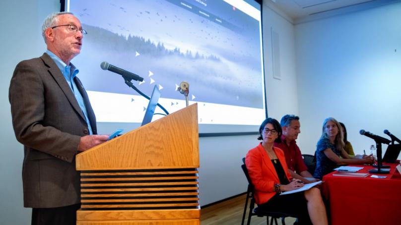 Provost Michael Kotlikoff delivers introductory remarks at the launch of the university’s Global Grand Challenge initiative on migrations