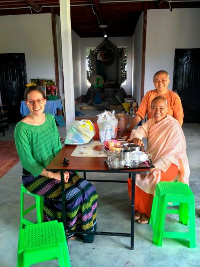 Mary Kate Long with Sayalay Aggawadi and Sayalay Cala Theri at their new nunnery, still under construction in Hmawbi, Myanmar.