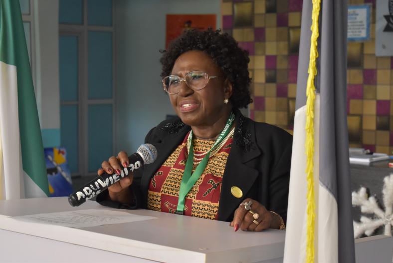 N’Dri Thérèse Assié-Lumumba speaks to pre-university students at Aduvie International School in Abuja, Nigeria, in December 2019.