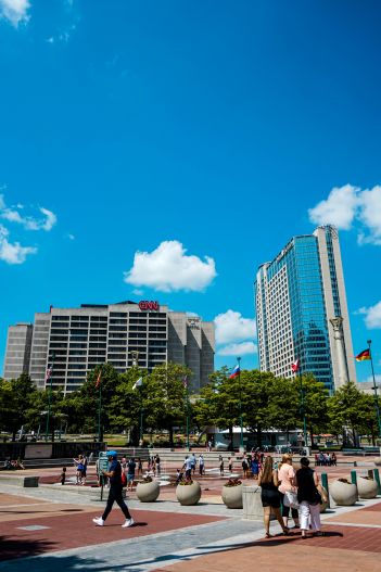 Downtown area with people and city skyline