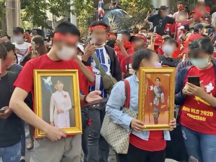 A crowd of protestors opposing the Myanmar coup in Bangkok.