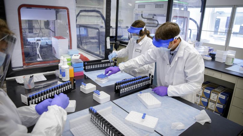 Cornell research collaboration, lab workers at microscope