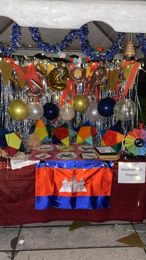 A photo of the SEA Club booth at Asia Night, decorated for a celebration of the Khmer new year.