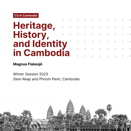 The Angkor skyline, with the text "Heritage, History, and Identity in Cambodia"