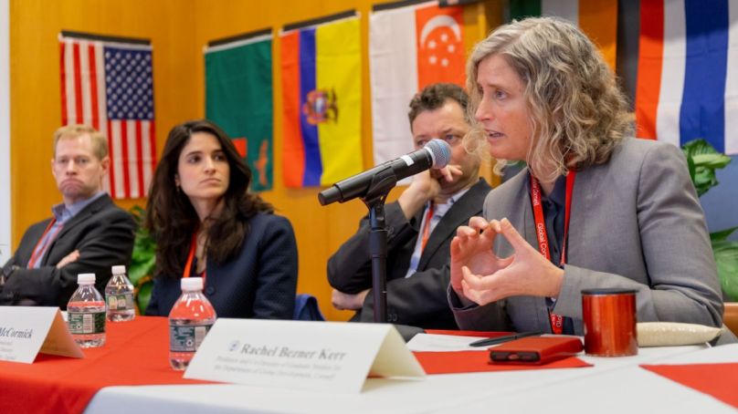 Rachel Bezner Kerr, right, professor of global development, speaks during the Health: An Integrated Global Perspective panel talk at the two-day Global Grand Challenges Symposium in Clark Hall.