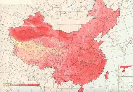 topographical map of the PRC in variations of red shades