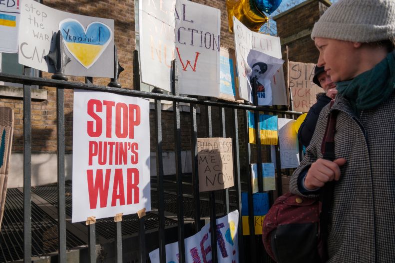 Ukraine War Protest sign reads "Stop Putin's War"
