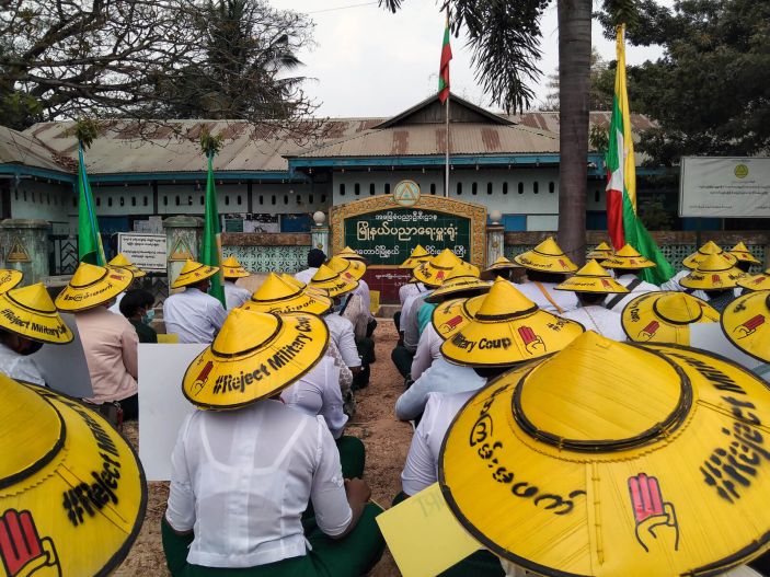A group of teachers stage a sit-in protest against military dictatorship in Shwedaung township in Sagaing Region, Myanmar (Photo: Visual Rebellion SSR 104). 