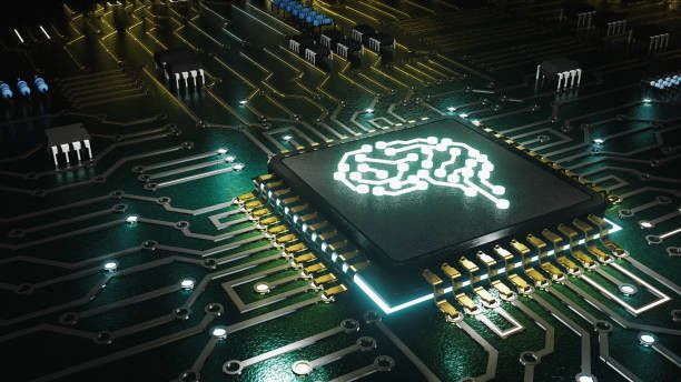 circuit board with chip and chip has image of human brain