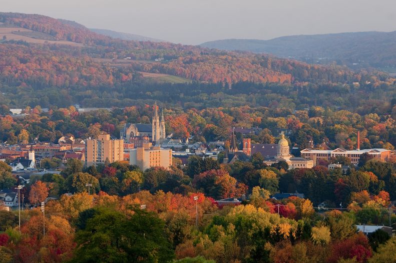 Cortland, NY seen from birds eye view from the south (downtown of Cortland with beautiful fall foliage)