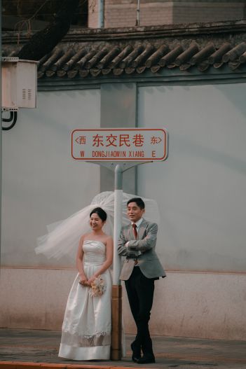 A bride and groom standing under a street sign in China