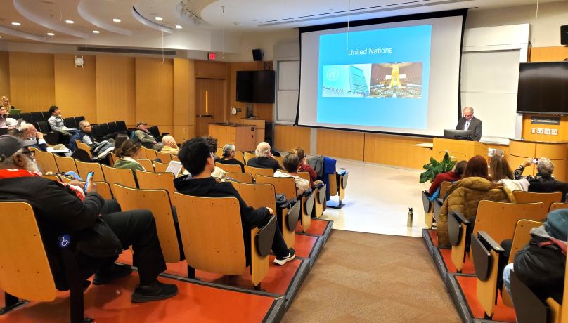 David Cortright Speaking to an audience at the University Lecture