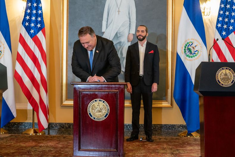 U.S. Secretary of State Michael R. Pompeo participates in a signing ceremony for the CSL Lease Extension with Salvadoran President Nayib Bukele, in San Salvador, El Salvador, July 21, 2019. [State Department photo by Ron Przysucha/ Public Domain]