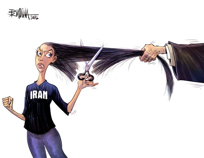 Woman wearing Iran shirt cutting hair to free herself