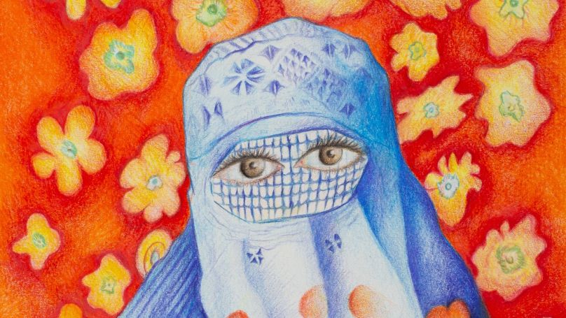Hopeful Eyes detail, art by Elja Sharifi: Woman in burqu against red background