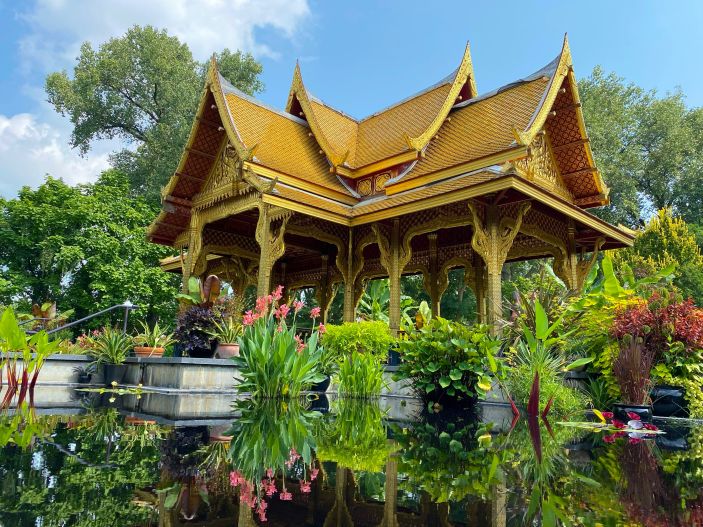 A photo of a Thai-style pavilion at the Olbrich Botanical Gardens, Madison, Wisconsin