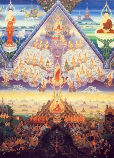 The Buddha's Descent from Tavatimsa, mural by Chalermchai Kositpipat, Wat Buddhapadipa, Wibledon, London, United Kingdom.