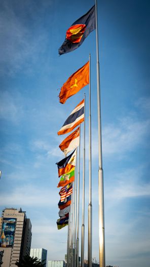A photo of the ASEAN flag and the flags of the ASEAN member countries flying in a line.