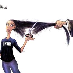 Pedro X. Molina cartoon depicting Iranian woman cutting hair grasped by man