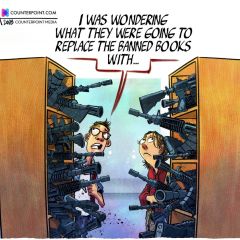 Pedro X. Molina cartoon depicting guns on bookshelves in place of banned books