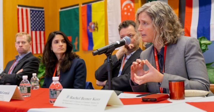 Rachel Bezner Kerr, right, professor of global development, speaks during the Health: An Integrated Global Perspective panel talk at the two-day Global Grand Challenges Symposium in Clark Hall.