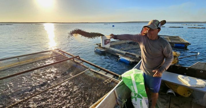 An aquaculturist feeds his fish in Palmas, Tocantins, Brazil.