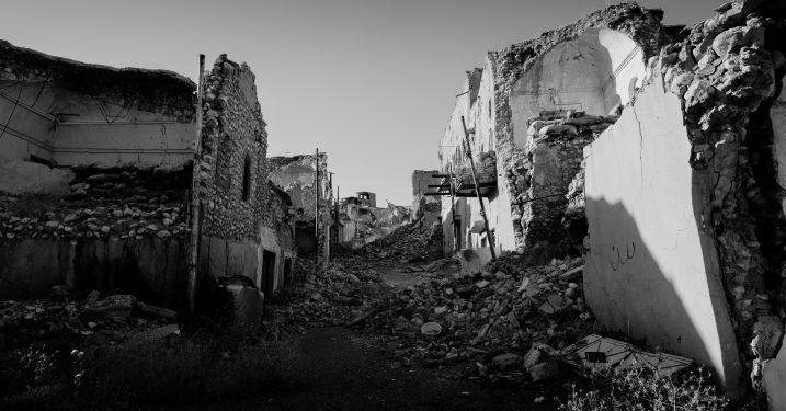 Ruined buildings and rubble.