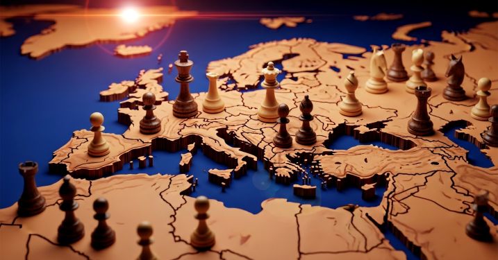 Chess pieces strategically placed on a map of Europe