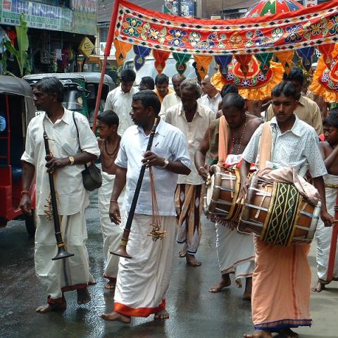 Tamil musicians leading parade in Hatton, Sri Lanka