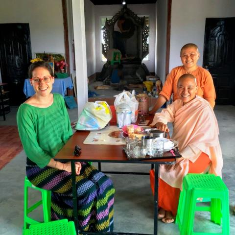 Fulbrighter Mary Kate Long sits with nuns in Myanmar