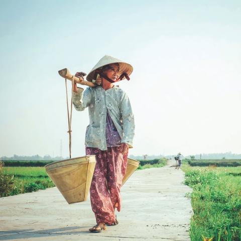 woman in Vietnam walking with baskets