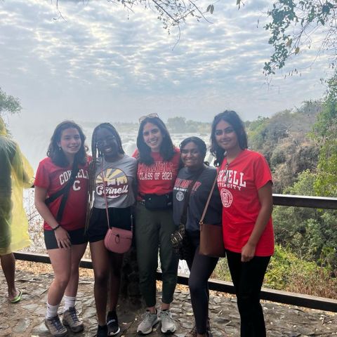 Laidlaw scholars Ainav Rabinowitz and Medha Bulumulla stand in front of a waterfall with friends