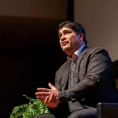 Closeup of speaker. Bartels lecture: Carlos Alvarado Quesada, March 22, 2023. Photo: Simon Wheeler