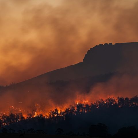 Wildfires burning in California, orange with rising smoke