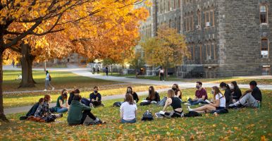 Classes meet on a the Arts Quad on a beautiful fall afternoon.