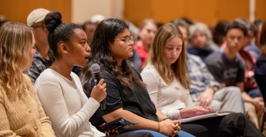 Undergraduate Global Scholar Bally Warren ’26 asks question at Bartels lecture, Oct. 23, 2024